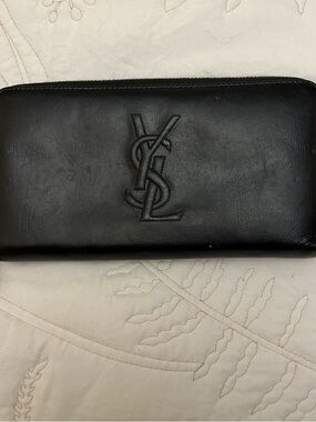 Yves Saint Laurent Black Leather Zip Wallet with Gold Hardware